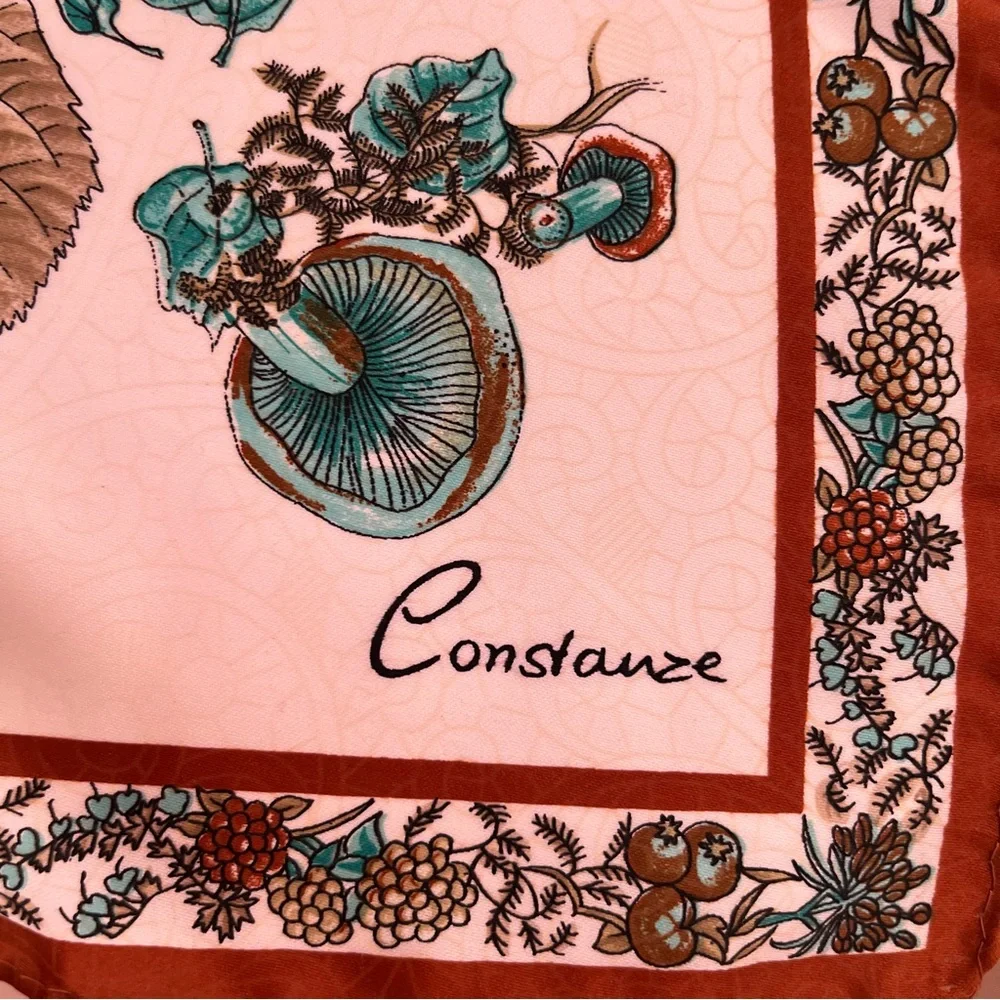 Vintage MCM Constanze  Fairycore Floral Mushroom Rust Aqua Jacquard silk Scarf